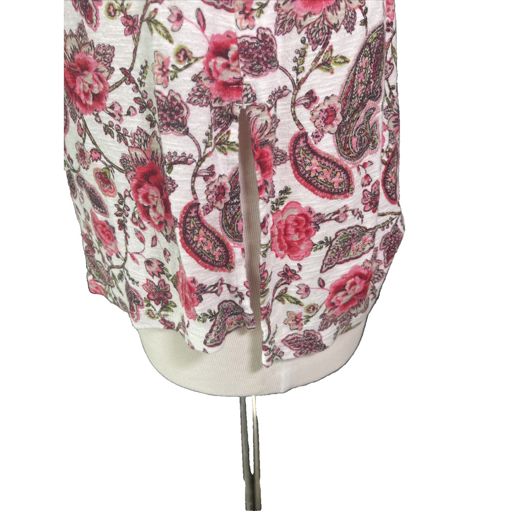 J Jill Pima V-neck Short Sleeve Cotton White Floral T-shirt SP Roses Pink White - Picture 3 of 4